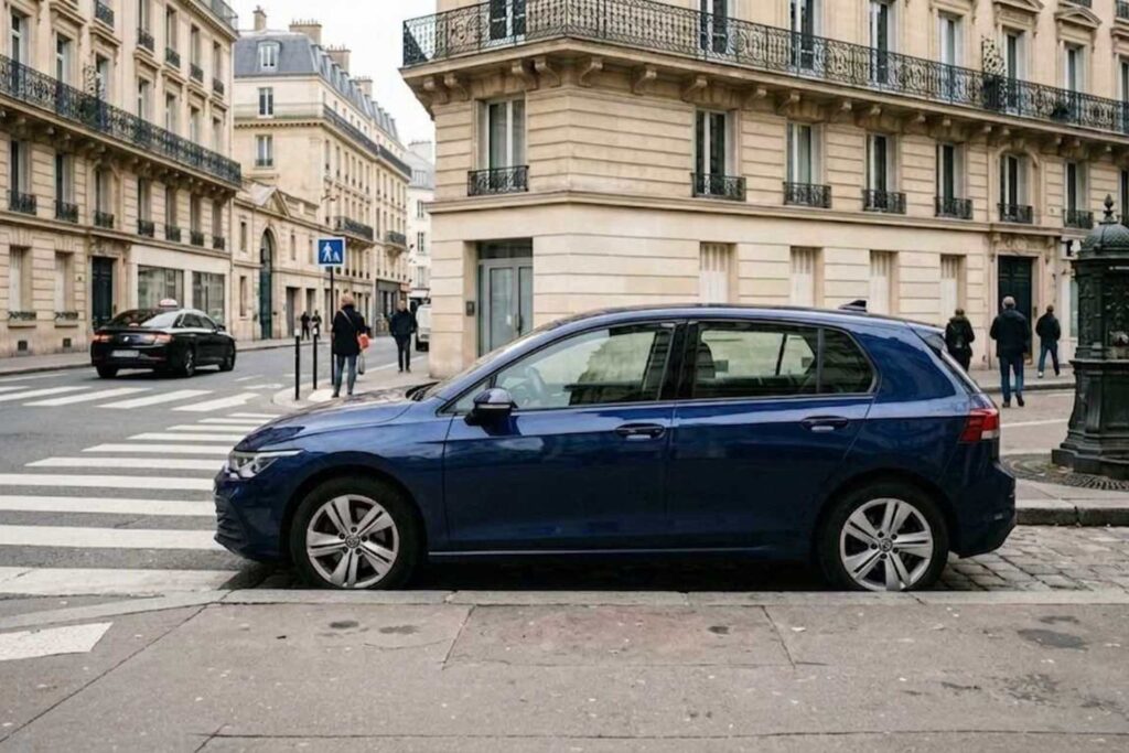 une voiture stationner en amont d'un passage piéton
